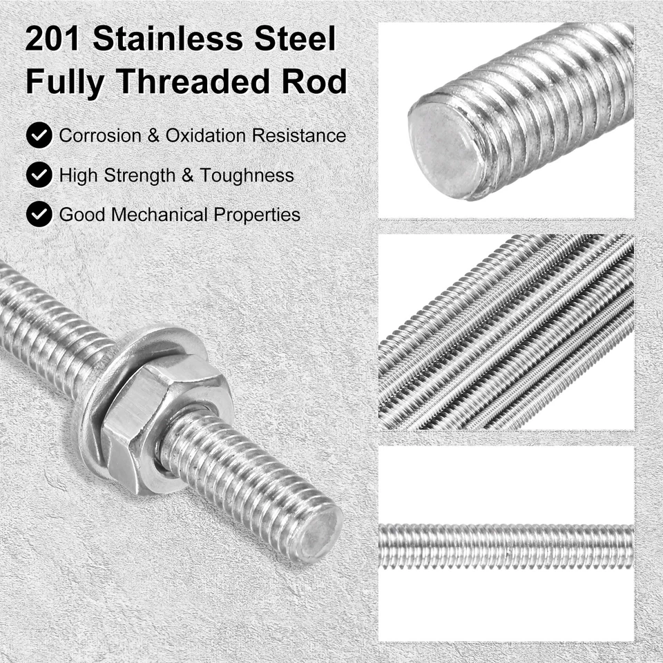 12-Pack Fully Threaded Rod, M4x150mm 201 Stainless Steel Right Hand with Nuts Foto 2 de 4