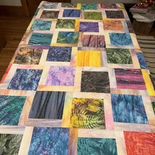 Vintage Handmade Colorful Patch Batik Quilt 58” X 78” Hand Quilted, EUC,