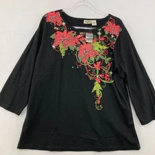 Vintage Collections Etc. sz XL Floral Sequins Festive Holiday Cotton Stretch Top