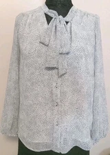 DR2 Black White Round Tie Neck Button Up Elastic Long Sleeve Blouse size S