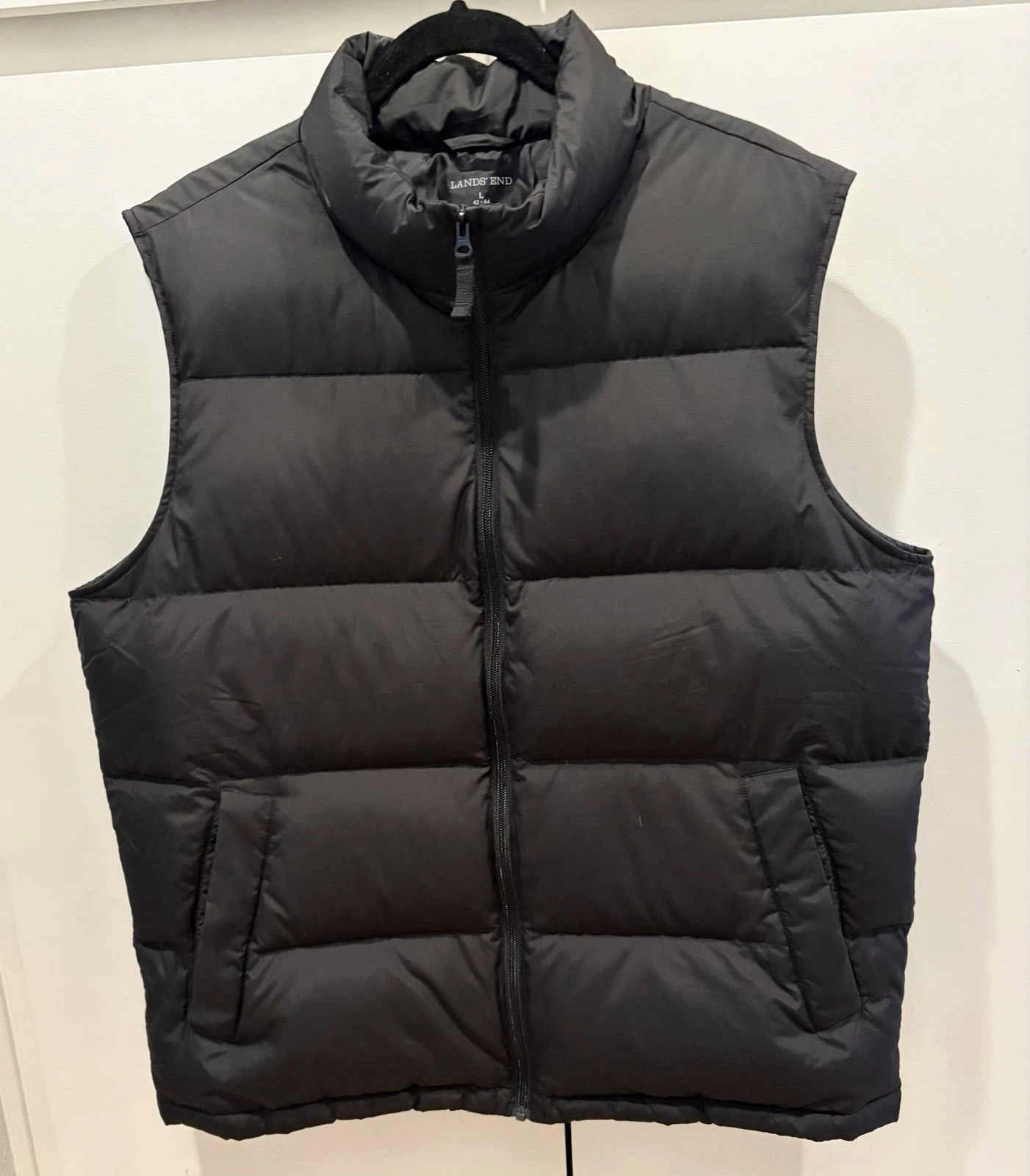 Land’s End Down Puffer Vest Men’s Large Black Quilted Insulated Pockets Zip EUC