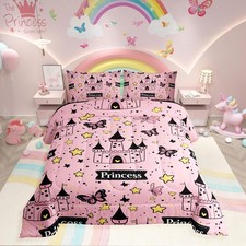Girls Comforter Set Full Size Black Castle Bedding Pink Black Butterflies Bed...