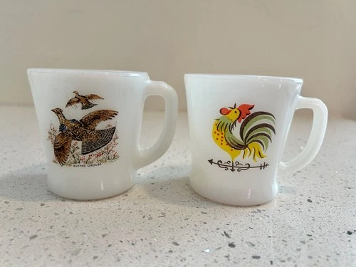 2 ~ FIRE KING Vintage Coffee Mug Cup Lot - Chanticler Rooster & Ruffed Grouse