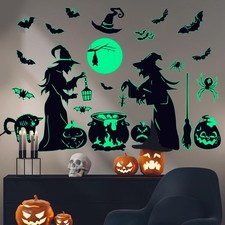 2 Sheet Halloween Witch Glow in The Dark Wall Stickers Witch Bat Pumpkin Spider