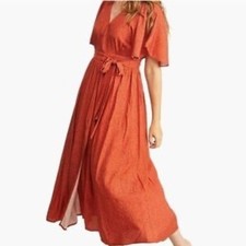 ABLE Loretta midi wrap dress Rust red dot women's size large flutter sleeves