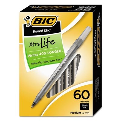 BIC Round Stic Xtra Life Ballpoint Pen, Stick, Medium 1 mm, Black Ink, 60/Box