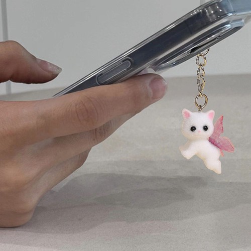 Cute Flocking Cat With Pink Butterfly Wings Keychain 3D Pendant Bag Decor - Imagen 3 de 6