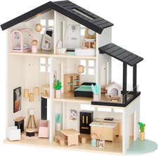Pretend Play Wooden Doll House with 40 Interactive Accessories, 3-Story Modern T