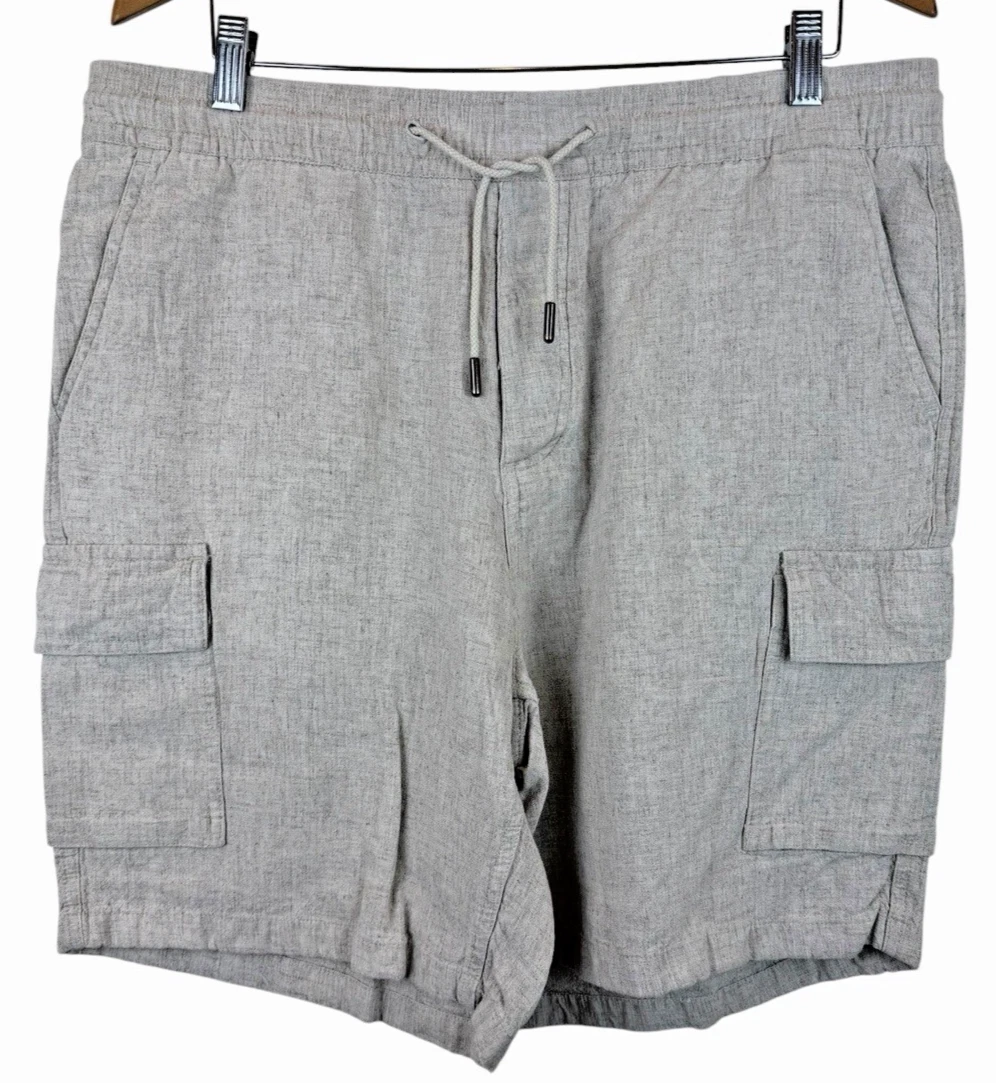 Kenneth Cole Linen Blend Cargo Shorts Men's XL Biege Pull On Drawstring