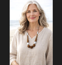 J Jill Beaded Necklace Brown Silver Chunky Statement Adjustable Boho Artisan NWT