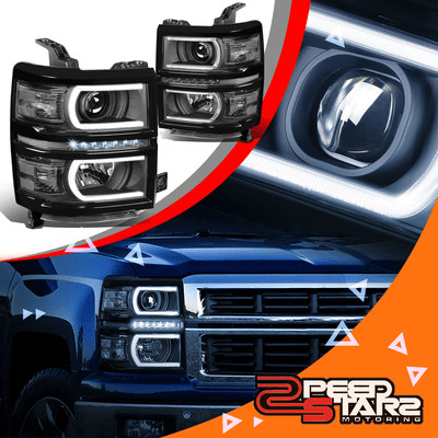 2PCS LED DRL+U-STRIP PROJECTOR HEADLIGHT/LAMP BLACK/CLEAR FOR 14-15 SILVERADO