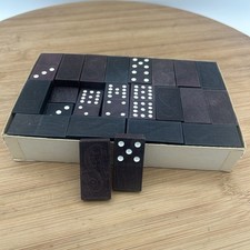 VINTAGE DOUBLE SIX WOOD HALSAM DRAGON DOMINOES 80 Piece Black Wood Dominoes