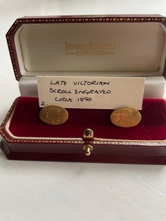 Rare Jenny Knott late Victorian scroll cufflinks circa 1890 in presentation box.