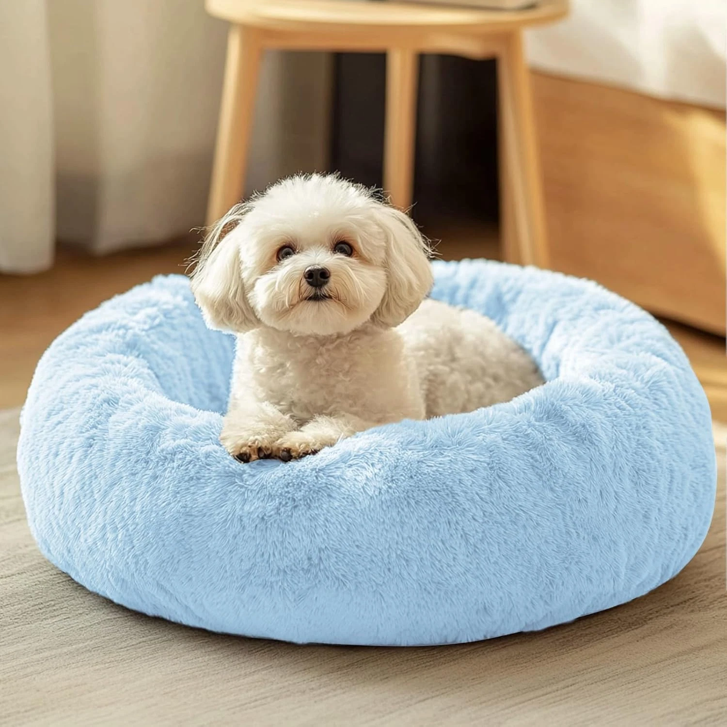 Dog & Cat Bed, Calming Anti-Anxiety Pet Bed for Small Dogs, Fluffy Donut Cushion