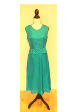 J. Peterman Bright Turquoise Silk Tea Length Peplum Dress, Small