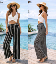 Ladies Trousers Womens Palazzo Wide Leg Summer Loose Fit Bottoms Stripe UK NEW