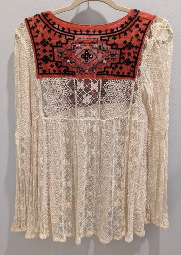 Top túnica boho Free People Casablanca marfil encaje bordado para mujer X-pequeño XS - Imagen 2 de 11