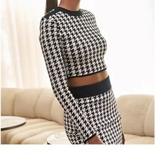 NWOT EXPRESS houndstooth strong shoulder sweater dress skirt set XSS