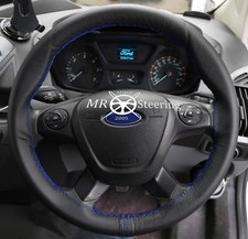 DO FORD TRANSIT 350 E van 13-19 CZARNA SKÓRZANA OSŁONA KIEROWNICY NIEBIESKI ŚCIEG