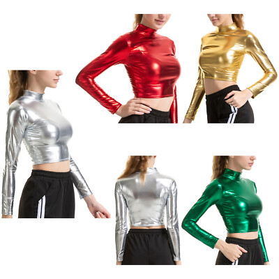Damen Metallic Langarmshirt Glänzend T-Shirt Party Oberteil Crop Tanz Top Bluse