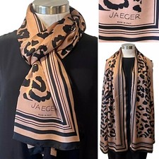 JAEGER Silk Satin Animal Print Tan/Black Scarf 66cm x 166cm Handroll Hems
