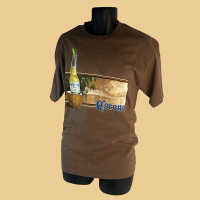 Vintage 90's Corona Men's L Gildan Brown Short Sleeve Colorful Graphic T-Shirt 