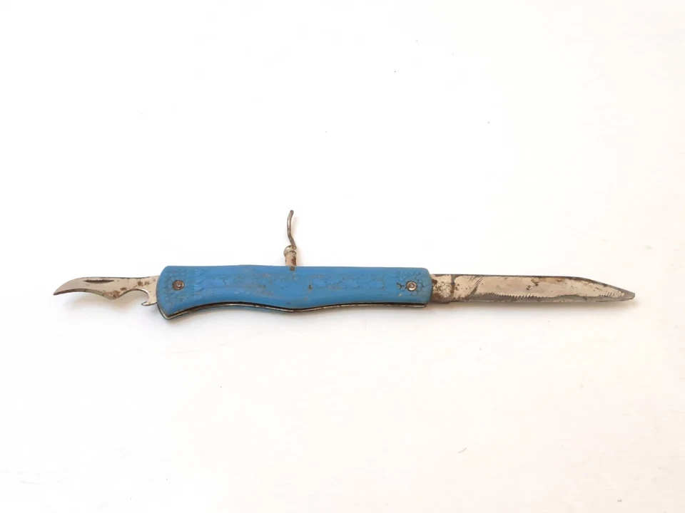 Faca dobrável vintage URSS abridor multifuncional metal azul cabo de plástico - Imagem 3 de 4