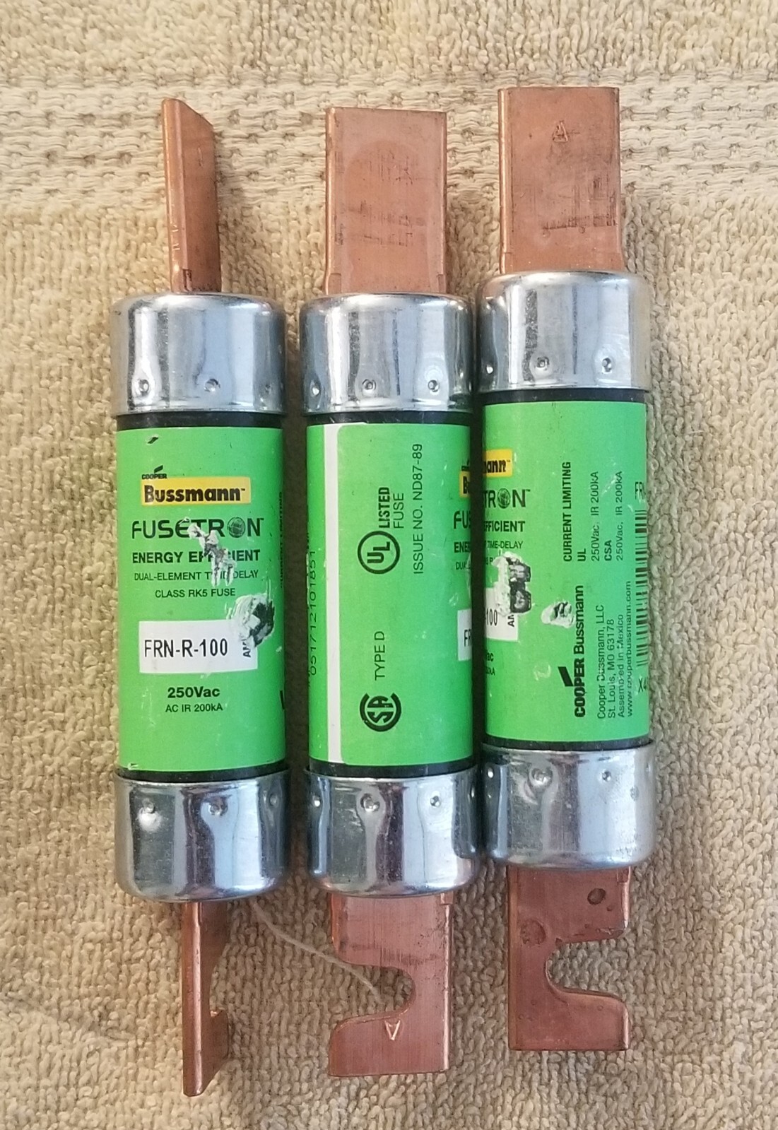 Bussmann Fusetron FRN-R-100~100Amp ~250V~Dual Element~RK5 Fuse~Lot Of 3 ...
