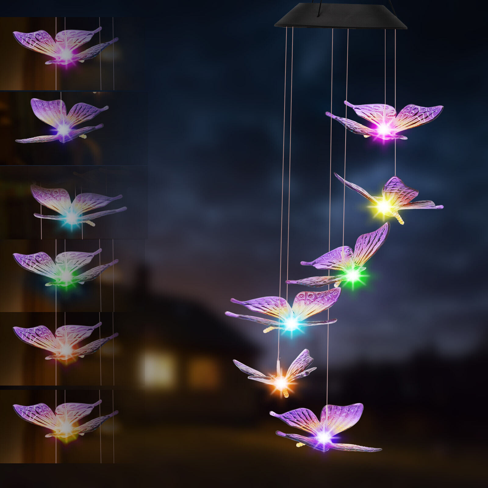 Hanging Wind Chimes Solar Powered LED Light Colour Changing Garden Outdoor Décor