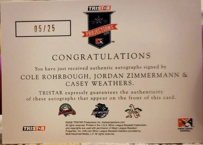 Jordan ZIMMERMANN Casey WEATHERS ROHRBOUGH 2008 TRISTAR PROjections Тройной АВТО - Изображение 2 из 2