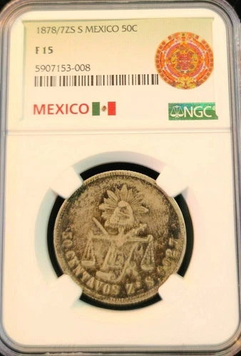 1878/7 Zs S MEXICO SILVER 50 CENTAVOS NGC F 15 SCARCE OVERDATE NON PROBLEM COIN