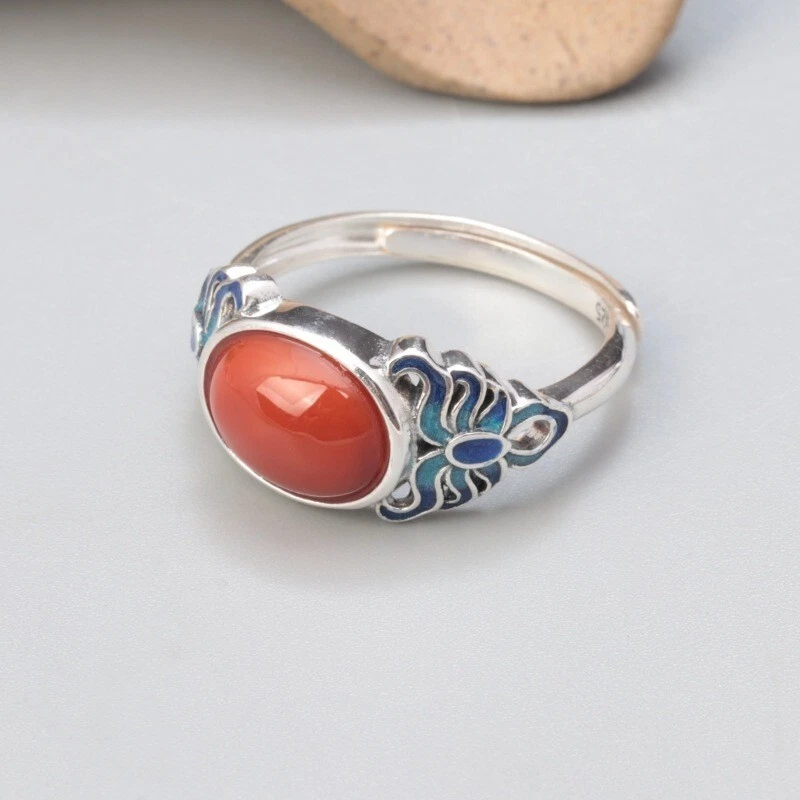 Anello Donna In Argento 925 Con Agata Rossa | Design Vintage Floreale | Regolabile | Gioiello Elegante Per Festa Della Mamma, Compleanno, Natale - 6