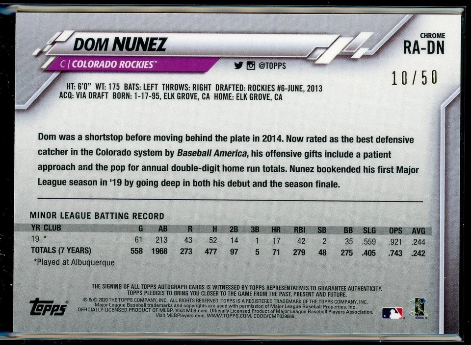 2020 Topps Chrome Rookie Auto Gold Refractor /50 Dom Nunez #RA-DN Auto RC - Image 2 of 2