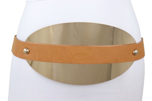 Women Brown Elastic Waistband Belt Wide Bling Oval Gold Metal Plate Buckle S M - Picture 1 of 12