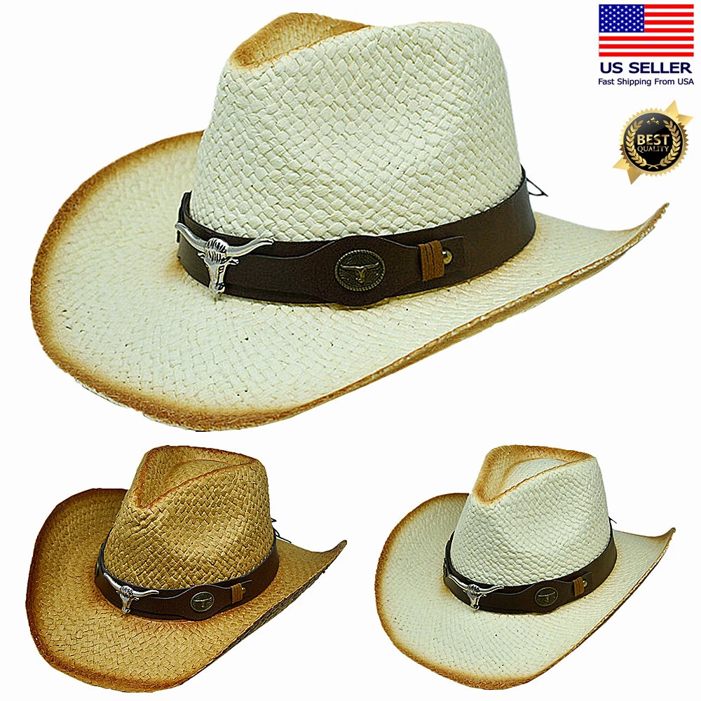 Mens Womens Vintage Tea-Stained Bull Skull Shape-It Brim Western Cowboy Hat Caps