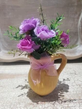 Small Purple Greenery Floral Arrangement Table Home Decor Pottery Pitcher 7"
