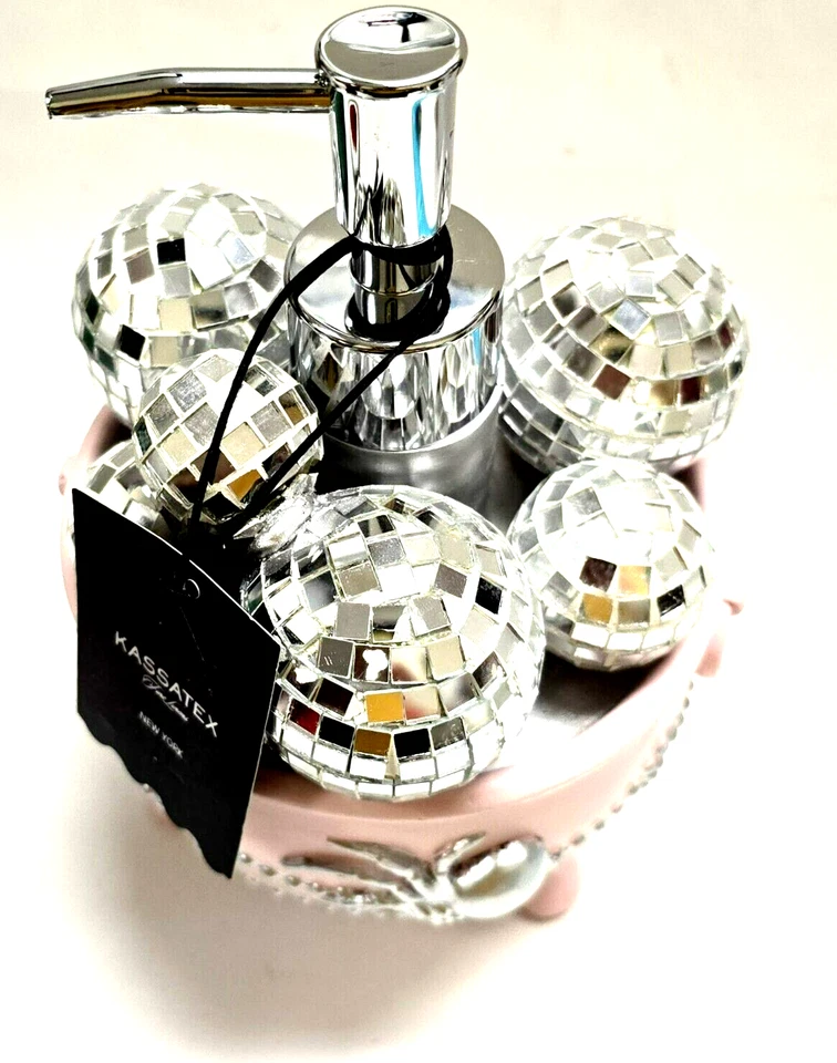 NUEVO DISPENSADOR DE JABÓN KASSATEX ROSA, RESINA PLATEADA, MOSAICO MIIROR, TAZÓN ARAÑA Foto 4 de 4