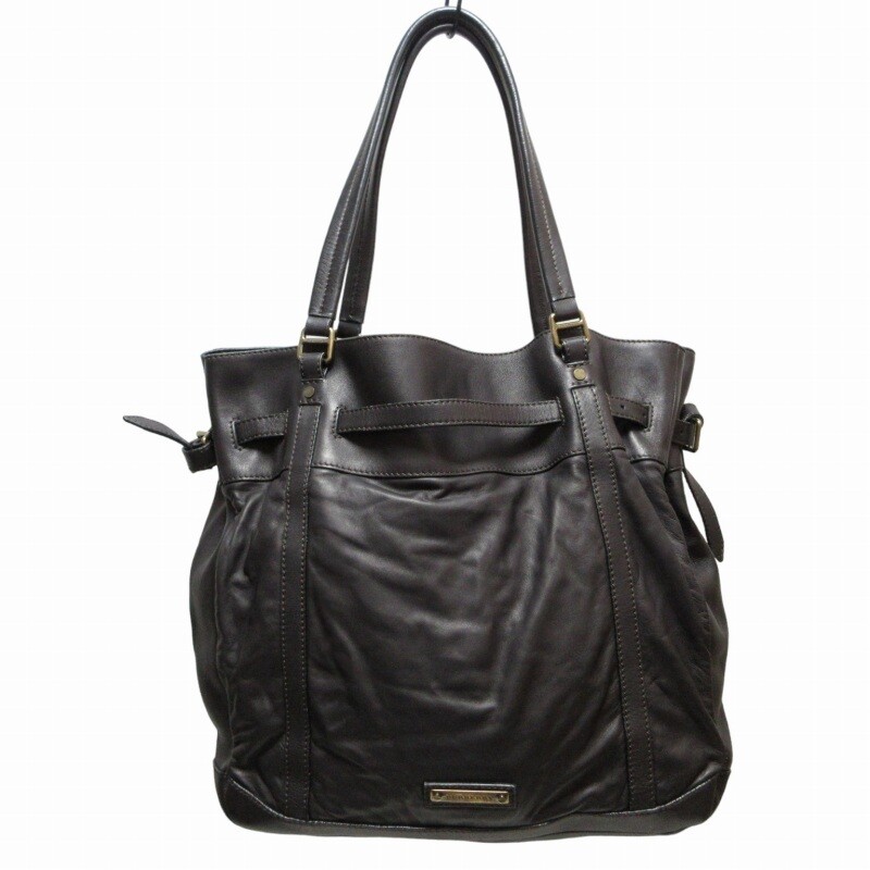 Burberry Leather Tote Bag Handbag Shoulder Strap Belt Logo Plate Black Black 0