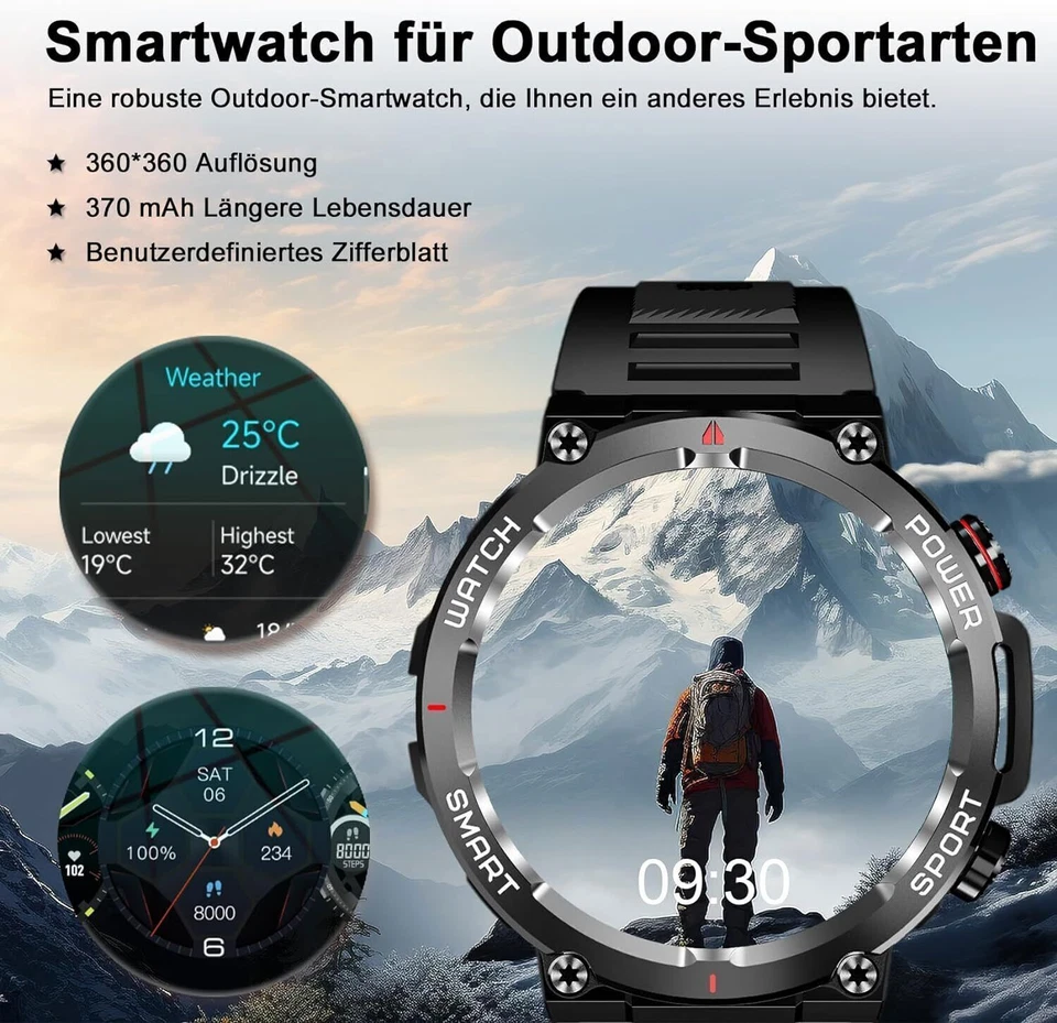 Smartwatch Herren Militär mit Telefonfunktion 5ATM Wasserdicht mit Schlafmonitor - Bild 2 von 4