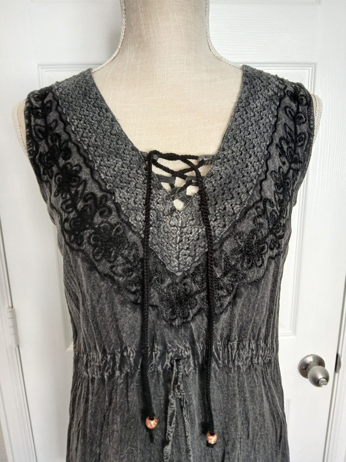 Gray Embroidered Sleeveless Dress M Boho Beach Festival Cottage Dark Fairy
