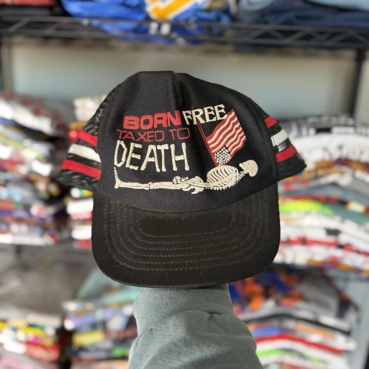 Vintage 1980s RARE &ldquo;BORN FREE & TAXED TO DEATH&rdquo; 3 Stripe