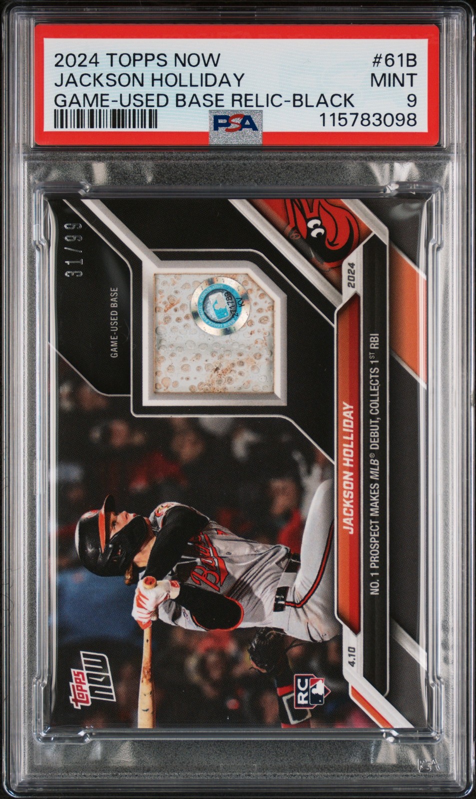 2024 TOPPS NOW GAME-USED BASE RELIC-BLACK #61B JACKSON HOLLIDAY RC 31/99 PSA 9
