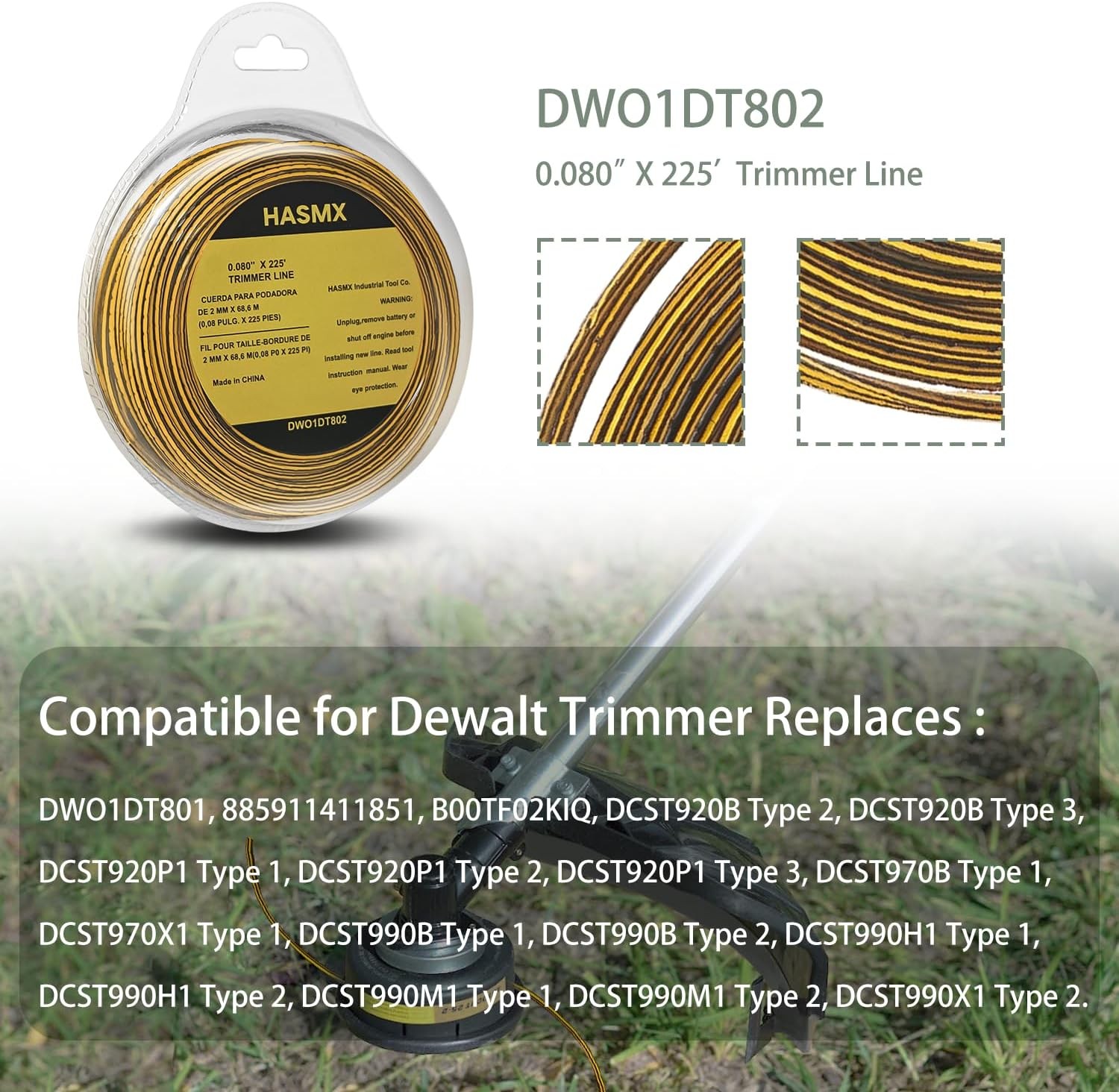 225Ft X 0.08 Inch - DWO1DT801 DWO1DT802 String Weed Trimmer Line for Dewalt Cord