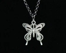 Butterfly Necklace Silver Pewter Charm 1" Pendant 3mm Stainless Chain 18" Insect