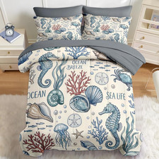 7 Pcs Comforter Set Queen Size, Nautical Coastal Seahorse Bedding Set for Kids a