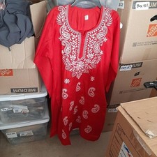 Indian Hand Embroidery Chikan WMN Straight Cotton Kurta Kurti Tunic Red Sz EU44