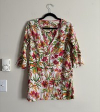 J Crew Tissue Tunic Tropical Floral Vacation Cotton Pink Green Small 6 Beach