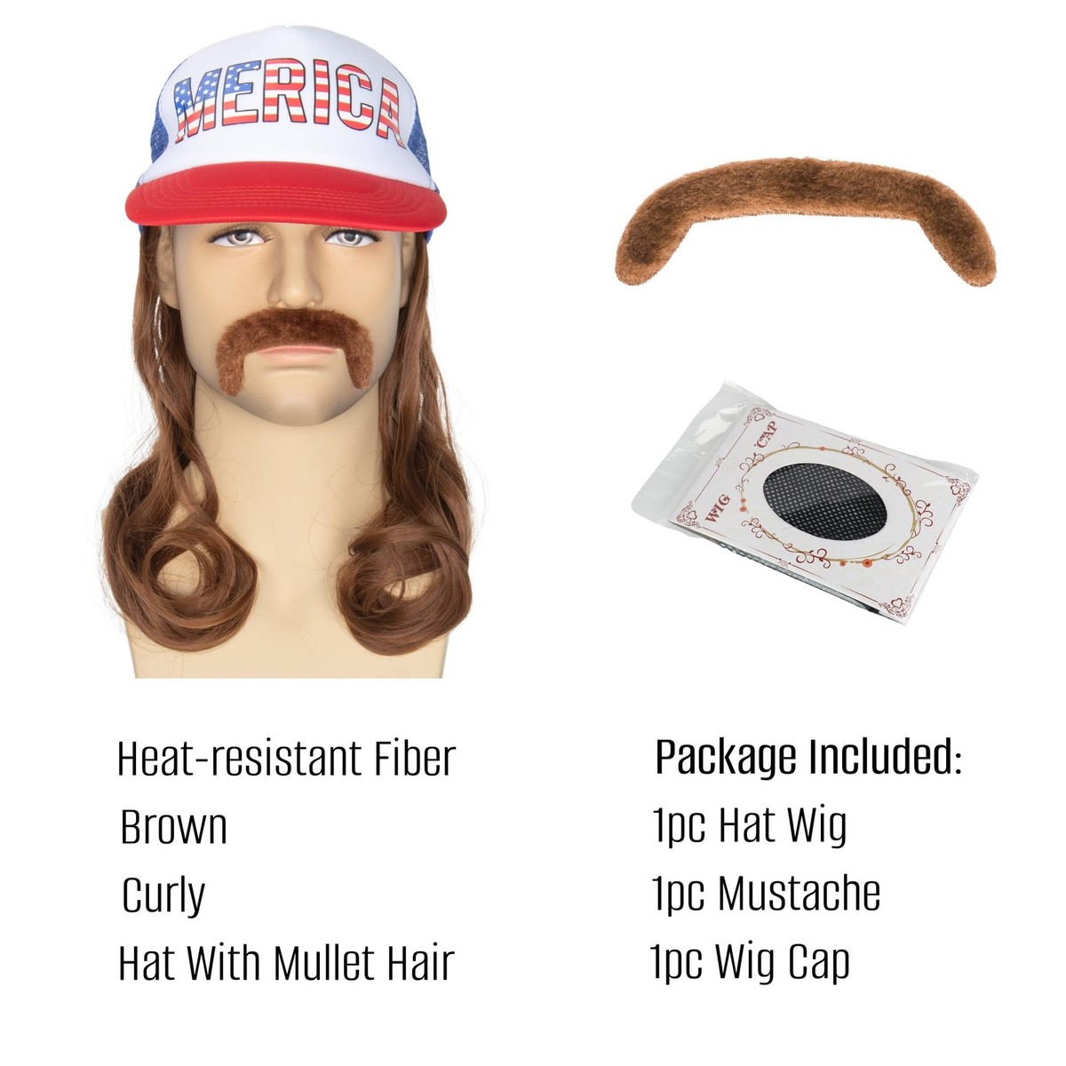 Red Wig USA Mullet Hat Brown Wig Merica Redneck 4th Of July All
