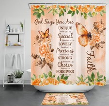 Bible Verse Green Leaves Orange Floral Shower Curtain Set for Bathroom Decor
