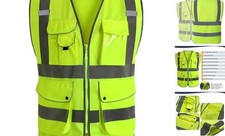 9 Pockets Class 2 High Visibility Zipper Front Safety Vest With Large Yellow